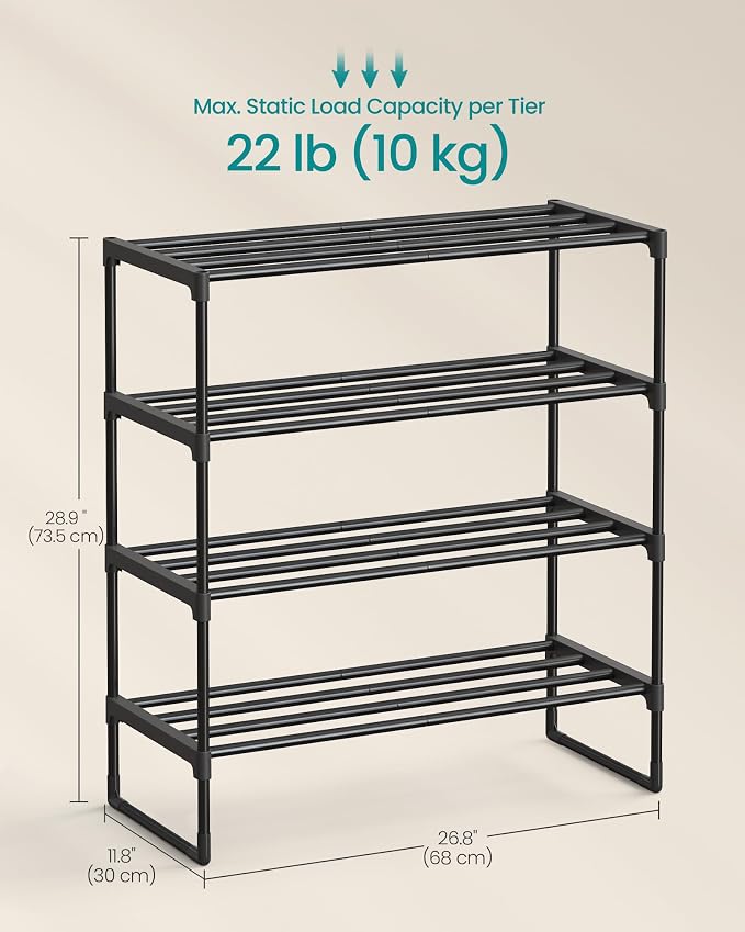 SONGMICS Shoe Rack, 4-Tier Shoe Organizer, Metal Storage Shelf | for Entryway, Upright or Upside Down, for 10-15 Pairs, Stackable, 11.8 x 26.8 x 28.9 Inches, Black ULSA204B01 - Image 2