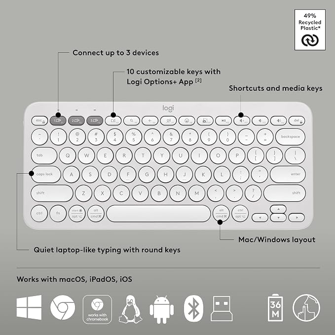 Logitech Pebble 2 Combo Wireless Keyboard and Mouse Quiet - Tonal White | Quiet and portable, customizable, Logi Bolt, Bluetooth, Easy-Switch, for Windows, macOS, iPadOS, Chrome - Image 6
