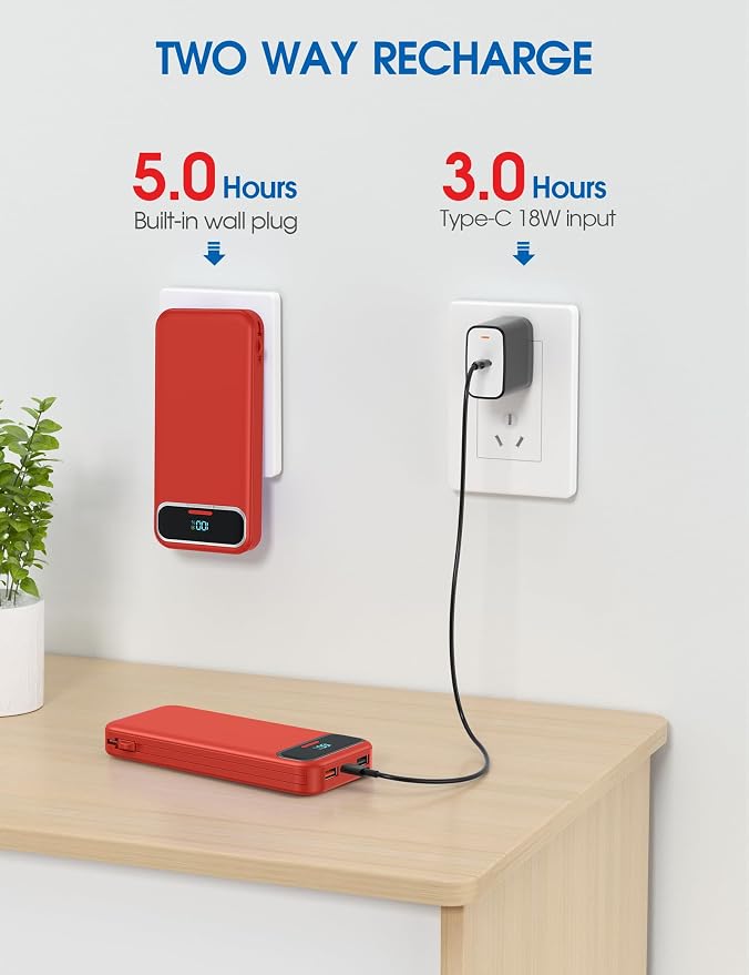 Nusyddy Portable Charger 12000mAh Fast Charging w/Built-in Wall Plug Red | 22.5W Fast Charging, LED Display, Pass Through Charging, TSA Approved, Portable & Slim, Power Bank for iPhone, Samsung - Image 7