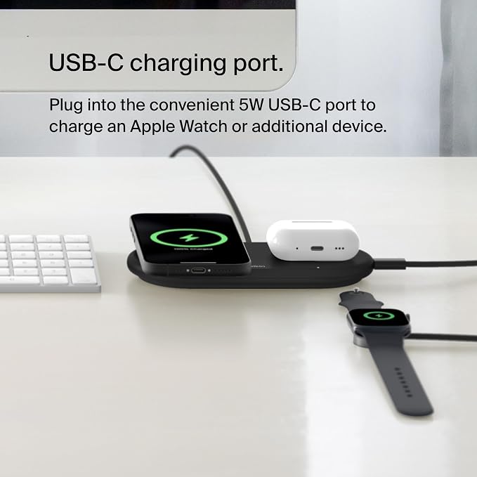 Belkin Qi2 15W 2 in 1 Wireless Charging Pad with USB-C Port | MagSafe compatible, iPhone 16/15 Series, Samsung Galaxy S25 Series, AirPods, extra USB-C port, Magnetic - Image 3