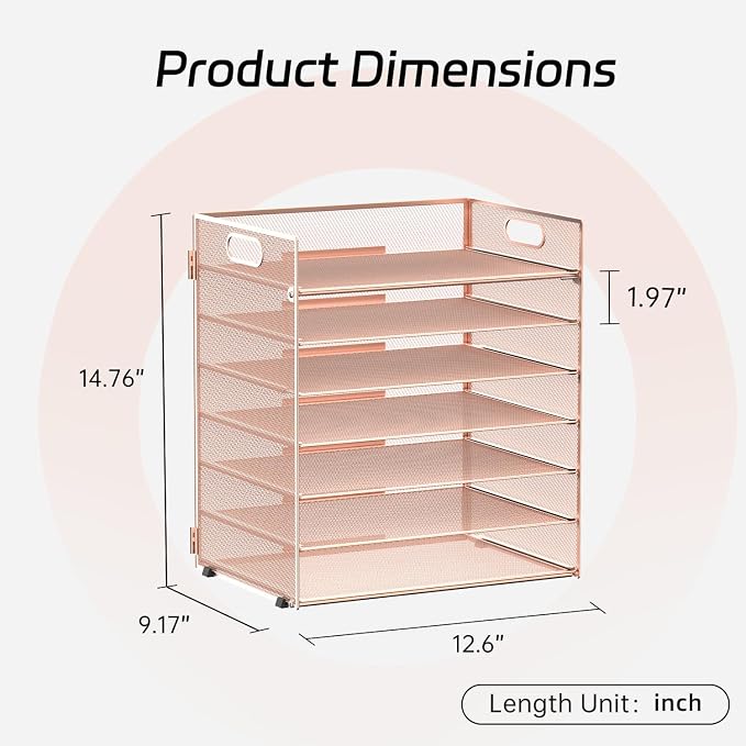 7 Tier Paper Organizer for Desk with Letter Trays and Handle Rose Gold | Desk File Organizer with Handle for Sorting Papers, Files, Folders, Mail, Bills and Office Supplies - Image 2