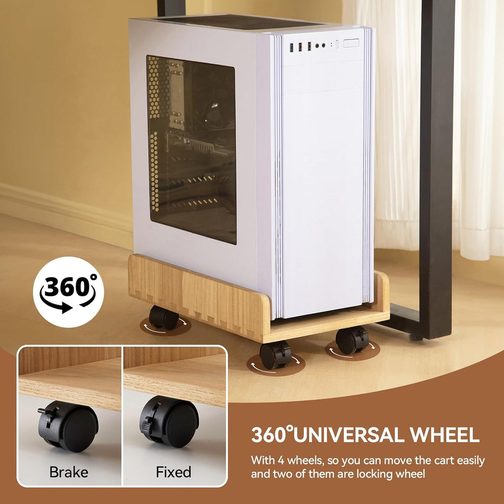 KIRIGEN Wood Computer Tower Stand with Wheels, Rolling PC Cart, Natural - Image 4