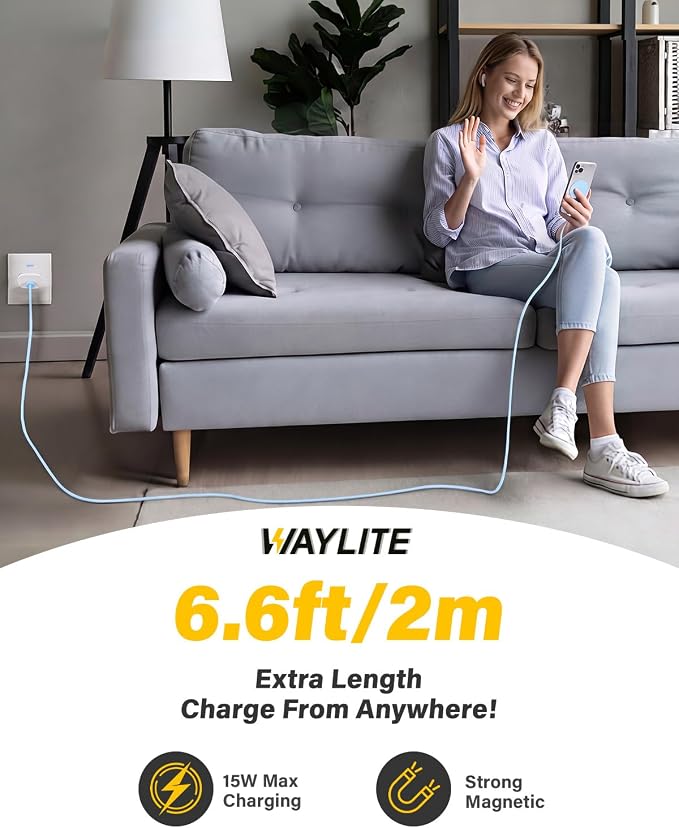 6FT Magnetic Wireless Charger Charging Pad - 15W Fast Phone Charger for Apple iPhone 17 16 15 14 13 12 Series & AirPods 4 3 2 Pro, Phone Charging Pad with Plug for Desk & Travel, 2Pack Blue - Image 5