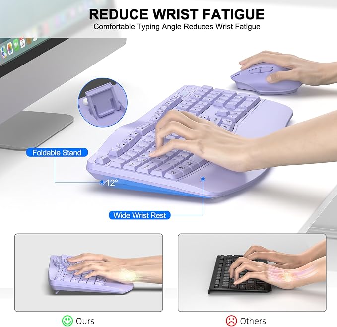Wireless Keyboard and Mouse Combo, 2.4G Ergonomic Wave Keys(Purple) | Full Size Wave Keyboard with Wrist Rest, 3-Level DPI Adjustable Ergonomic Mouse for Windows and Mac OS Desktop/Laptop/PC - Image 3
