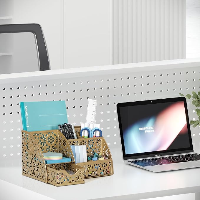 EasyPAG Desk Organizer and Pen Holder for Desk, Mesh Office Supplies Storage Caddy with Drawer for Small Space, Desktop Organizer for Home Office, Gold - Image 5