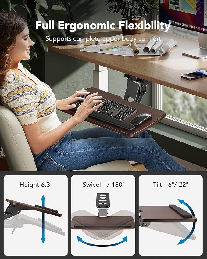 HUANUO Keyboard Tray Under Desk, 360 Adjustable Ergonomic Sliding Keyboard & Mouse Tray, Under Desk Keyboard Tray Slide Out, Keyboard Holder Under Desk for Typing in Home, Office Work, 25"W x 9.84"D - Image 3