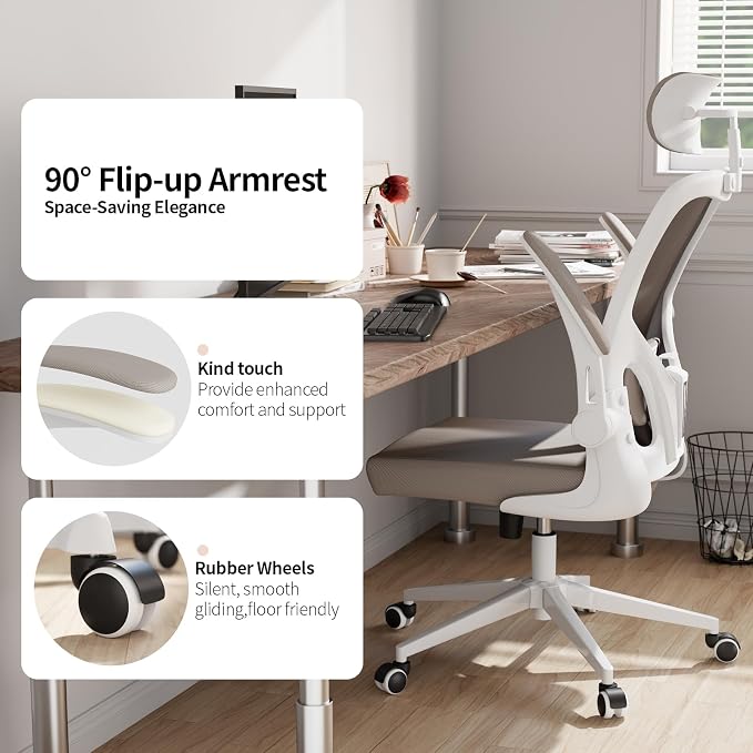 Office Chair Ergonomic Desk Chair with Lumbar Support&Headrest&Flip-up Arms Height Adjustable Rocking Swivel High Computer Chair Multi-Angle from 90° to 125° with 350LBS Capacity(White+Khaki-2) - Image 3