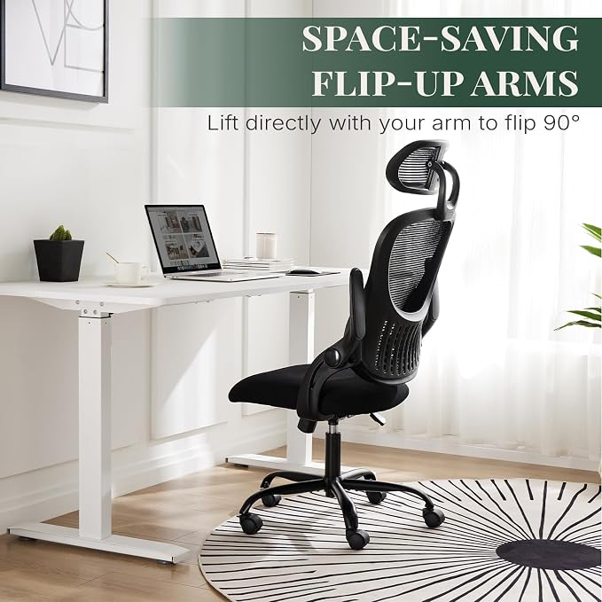 Ergonomic Desk Chair Comfy, Mesh Office Chair, for Home Office | Adjustable Headrests, Flip-up Arms, Breathable Mesh High-Back, Swivel Wheels, for Adults, Black - Image 3