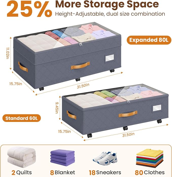 Budding Joy 80L 2 Pack Adjustable Under Bed Storage Containers with Wheels | Rolling shoe storage organizer with clear lids and label for dorm home clothes, blankets, toys, easy to install, grey - Image 2