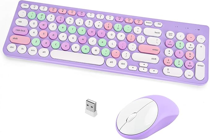 Wireless Keyboard and Mouse Combo, Retro Typewriter Keyboard with Round Keycaps, 2.4GHz USB Cute Wireless Keyboard Mouse for Computer, Desktop, Laptop (Purple Colorful) by GUKJOB