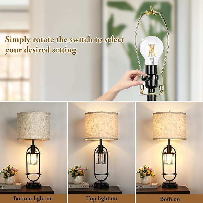 29'' Tall Table Lamps for Living Room Set of 2, 2-Light Farmhouse Bedside Lamps with USB Ports, Rustic Nightstand Lamps with Beige Lampshade, Black Industrial Desk Lamps for Bedroom End Table Reading - Image 5