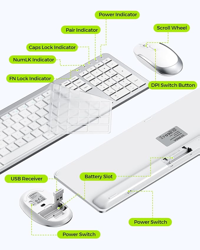 seenda Wireless Keyboard and Mouse Combo, Slim Full-Size Design | Quiet typing and mouse clicks, 2.4G USB receiver, Adjustable DPI mouse, Compatible for Windows PCs/laptops, White Silver - Image 6