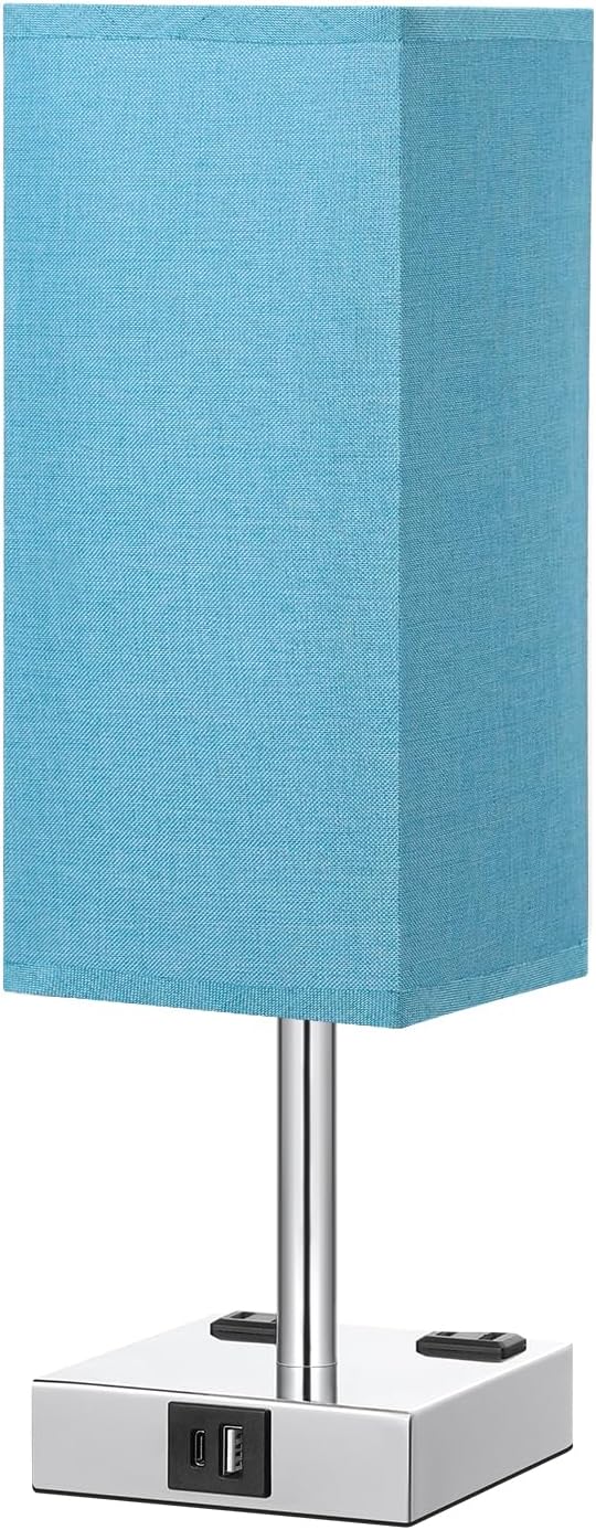 Turquoise Touch Table Lamp for Bedroom - Dimmable, USB C+A, 2 AC Outlets | 3-Way Dimming, 3000K Bulb Included, Square Teal Lampshade and Silver Base, Desk Lamp for Nightstand, Living Room, Green - Image 9