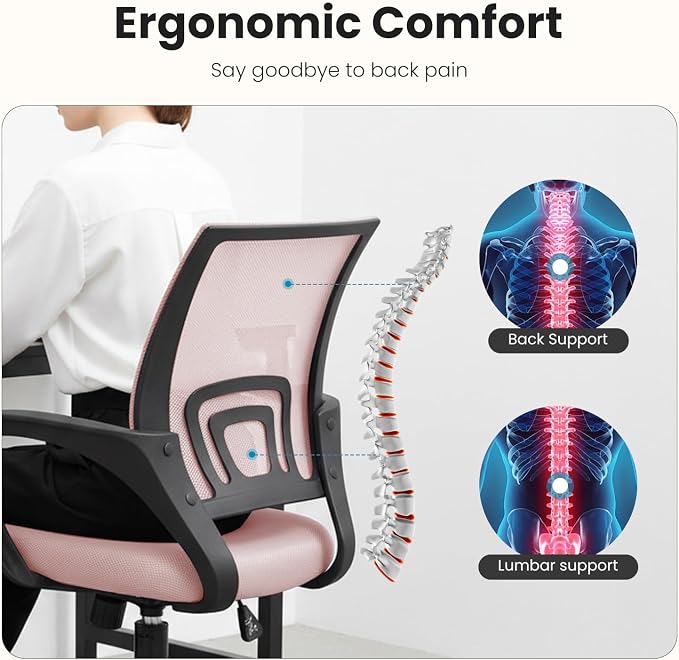 DUMOS Ergonomic Office Chair, Executive Desk Chair with Lumbar Support | Mid Back, Breathable Backrest, Fixed Armrest, Height Adjustable, 360° Swivel, Computer Gaming, Meeting, Pink - Image 3