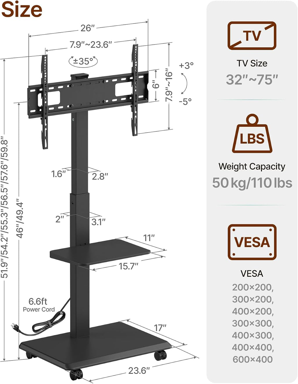 Steel Base Rolling TV Stand with Power Outlet for 32-75 inch TVs,BL - Image 7