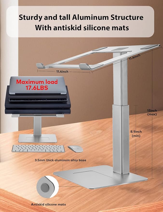 Laptop Stand for Desk, Ergonomic Sitting and Standing Laptop Riser for Notebook MacBook 11-17 Inches，DJ Laptop Stand Adjustable Height from 7-15 Inches Aluminum(Silver) - Image 5