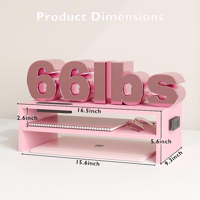 BONTEC Wooden Monitor Stand Riser for Desk, 2-Tier Computer Monitor Stand | 66 lbs Desk Shelf Organizer with Storage, Laptop & Printer Stand with Phone Holder and Cable Management, Pink, 16.5 Inch - Image 3