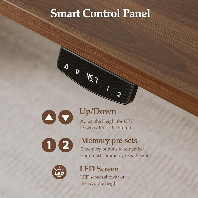 Klicelor 55 x 28 Electric Standing Desk, Sit Stand Up Home Office Desk, Height Adjustable Deep Cumputer Table with Memory Presets and Hooks, Two Pieces, Dark Walnut - Image 8