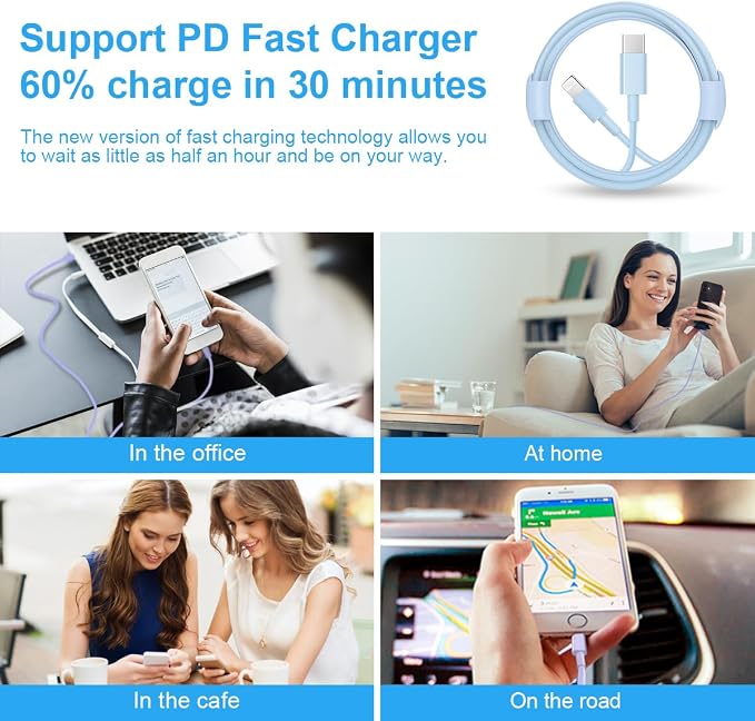 iPhone Fast Charger 3+3Pack 20W USB C Wall Charger with 6FT Fast Charging Cable Compatible with iPhone 14/13/12/11/Pro/Pro Max-Blue - Image 6