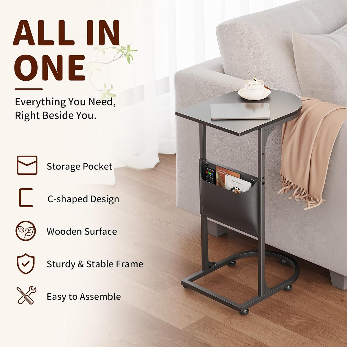 C Shaped End Table, Slide Under Small Side Table for Couch & Small Spaces - Image 3