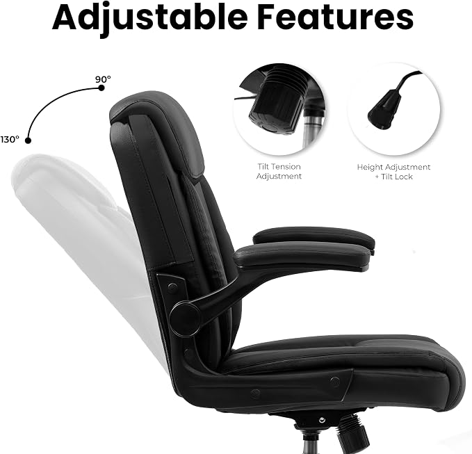 NEO CHAIR PU Leather Office Desk Chair with Adjustable Arms, All Black | Ergonomic Mid Back Computer Desk Chair Comfy with Wheels Swivel Rolling for Home Office Gaming Study - Image 6