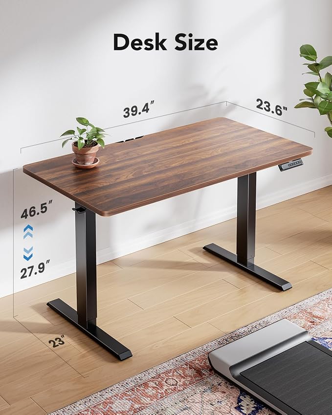 HUANUO 40x24 Inch Electric Standing Desk, Height Adjustable, Black Walnut | 176 Lbs Capacity, Smooth Home Office Desk, 4 Memory Presets & Headphone Hooks, 28.3–46.5 Inch Height Range, Easy to assemble - Image 2