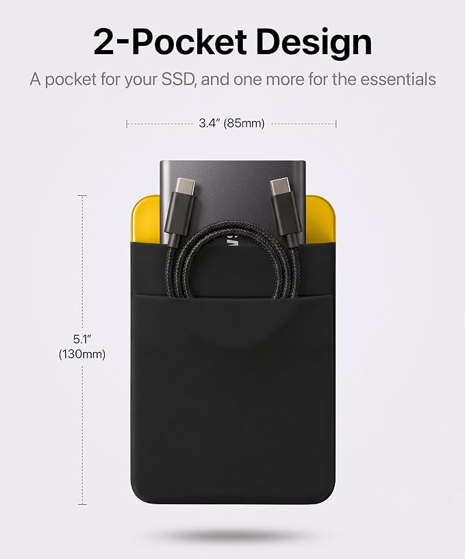 2-Pocket SSD & Hard Drive Holder for Laptop, Reusable 3M Adhesive | Stick-On Sleeve for Portable SSDs | 5.1 x 3.4-Inch Pouch | Separate Pocket for Cables | Built-In Safety Strap - Image 2