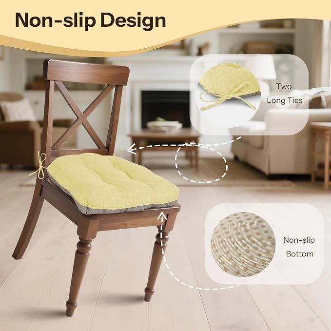 Chair Cushions for Dining Chairs Set of 2, 18"x18"x3", Yellow | Non-Slip with Ties, Tufted, Faux Linen, Seat Cushions for Dining Room Kitchen Breakfast Nook Indoor Home Office Living Room - Image 3