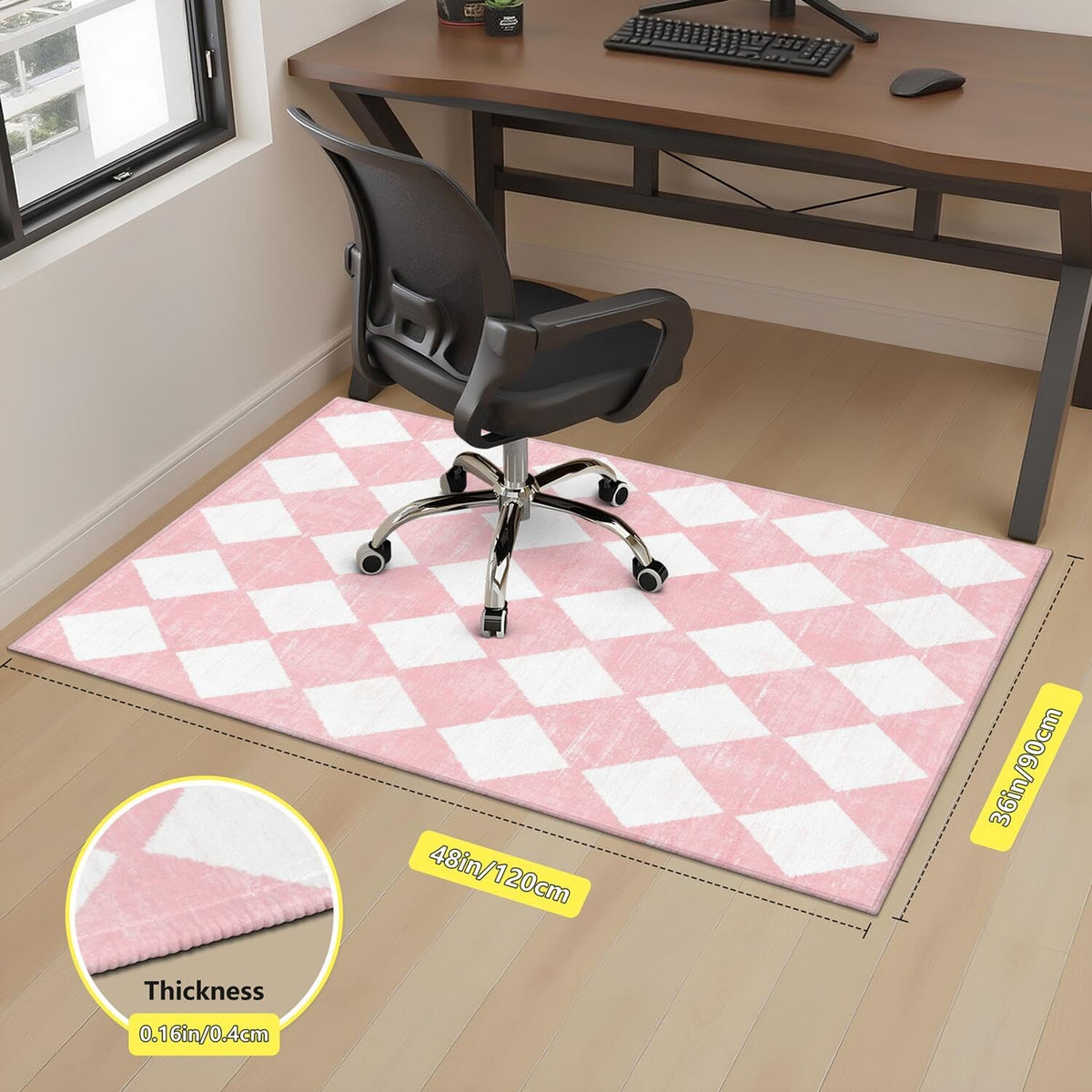 Office Chair Mat for Carpet Hardwood Tile Floor,36"x48" Computer Chair Mat for Rolling Chairs Carpet, Under Desk Non Slip Gaming Rug, Low-Pile Rubber Backing Large Protector Mat,Boho Pink Checkered - Image 3
