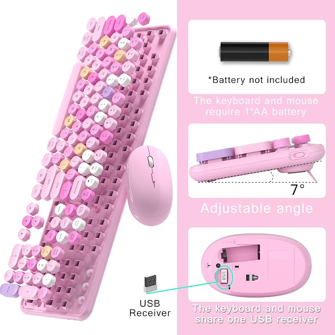 Colorful MPTOG Wireless Computer Keyboard and Mouse Combo (Pink-Colorful) | Retro Round Typewriter Keycaps, Power Switch, Ergonomic Design, 2.4GHz Wireless for Windows, Mac, PC - Image 5