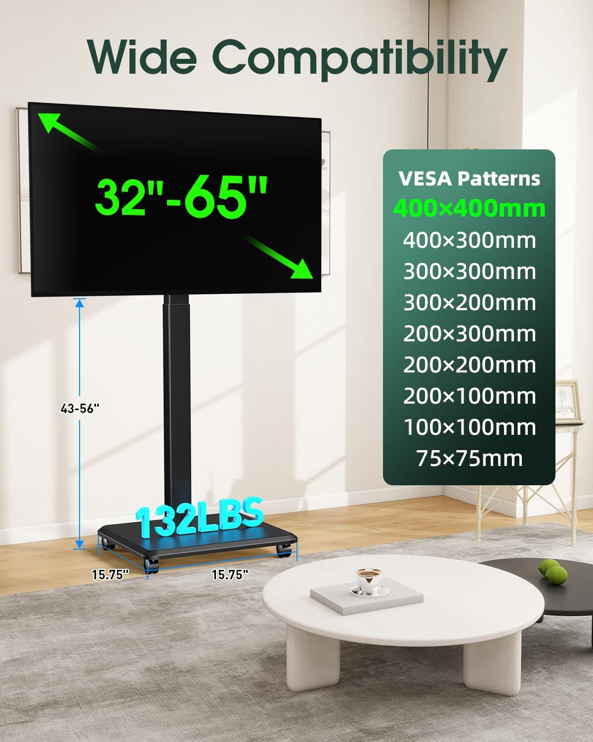 Portable Rolling TV Stand for 32-65 Inch Screens, Bedroom, Black - Image 5