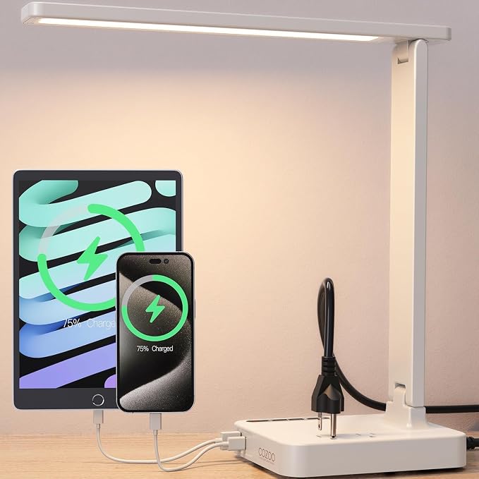 LED Desk Lamp for Dorm Office, USB-C & 2 AC Outlets Charging, White | LED Desk Lamps for Home Office with 2 USB Charging Ports(1 USB-C), 2 AC Outlets, Foldable Small Desk Lamp for Study Reading by COZOO