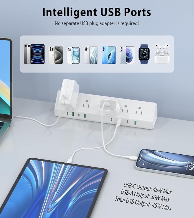 Jgstkcity Desk Clamp Power Strip USB C 45W,1200J Surge Protector | 4 USB-C,Edge Mount,1875W Extension Cord,15A Switch,ETL Listed,Office,Gaming,Dorm - Image 6