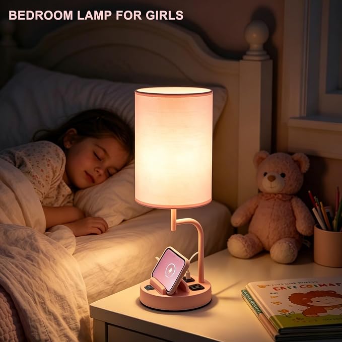 Dreamholder 2 Pack Table Lamp, Bedside Lamp with 3 USB Charging Ports & AC Outlet, USB Desk Lamp with 2 Phone Holders, Linen Fabric Shade Nightstand Lamps for Bedroom Living Room Office, Pink - Image 5