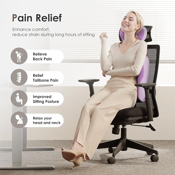Lumbar Support with Car headrest Back Pillow for Chairs Headrest Pillow for Car Ergonomic Ultrathick Memory Foam Back Pillow for Office Chair (Purple) - Image 2