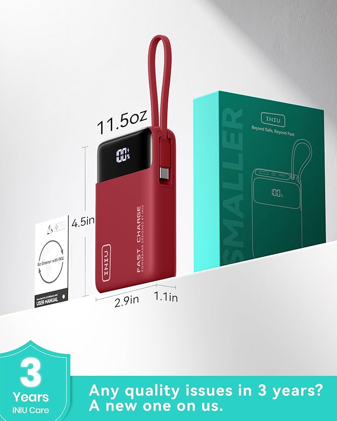 INIU Portable Charger, Smaller 45W Fast Charging Power Bank, 20000mAh Red | Flight-Safe, Built in USB-C Cable, Travel Essential, Battery Phone Pack for iPhone 17 16 Pro, Samsung S26, iPad etc, Red - Image 4