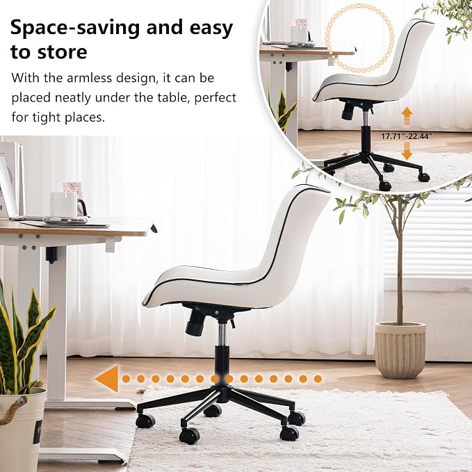 YOUNIKE Office Desk Chair with Wheels Armless Vanity Chair Modern White | Faux Leather Upholstered with Rocking Back, Swivel Height Adjustable Small Cute Computer Rolling Task Chair Ergonomic 300lb - Image 6