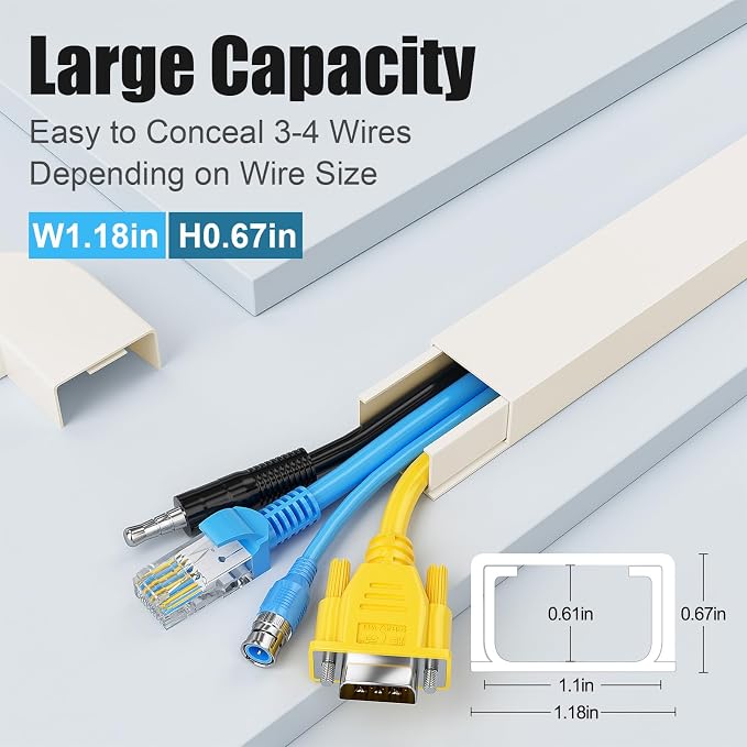 Yecaye Cord Covers for Wires on Wall, 113in, W1.18in H0.67in, Beige | TV Cord Hider, Large Cord Organizer for 3-4 Wires, Cable Management Kit, Easy Install - Image 2