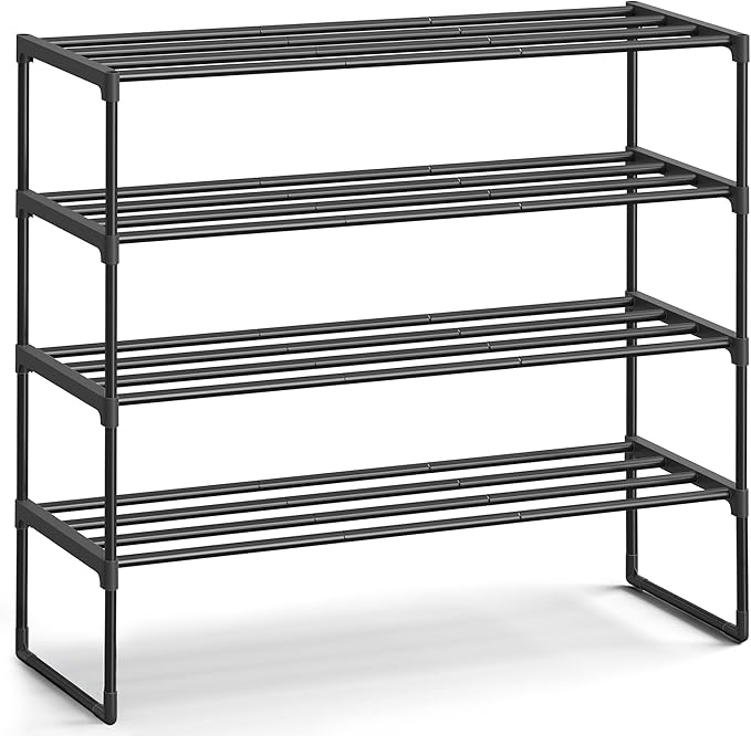 SONGMICS Shoe Rack, 4-Tier Shoe Organizer, Metal Storage Shelf | for Entryway, Upright or Upside Down, for 20-25 Pairs, Stackable, 11.8 x 36.2 x 29.1 Inches, Black ULSA14BK by Unknown
