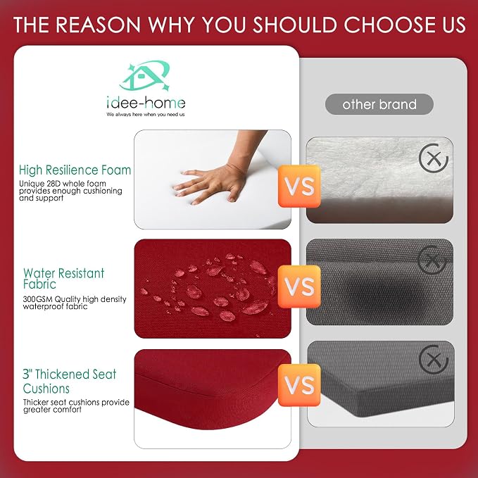idee-home Outdoor Chair Cushions Set of 2, 17" x 17" D-Shaped | Thick Outdoor Seat Cushions Waterproof Patio Furniture with Ties Dining Pads - Image 3