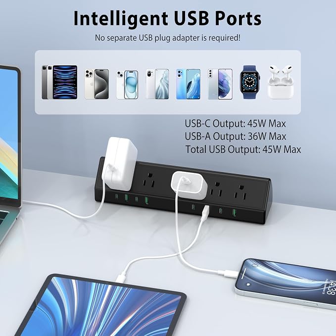 Jgstkcity Desk Clamp Power Strip,45W Fast Charging Station,4 USB-C,4 USB-A,Desk Mount Surge Protector,1875W Extension Cord with Multiple Outlets,ETL Listed,for Home Office Dorm Room | 4 USB-C,Edge Mount,1875W Extension Cord,15A Switch,ETL Listed,Office... - Image 6