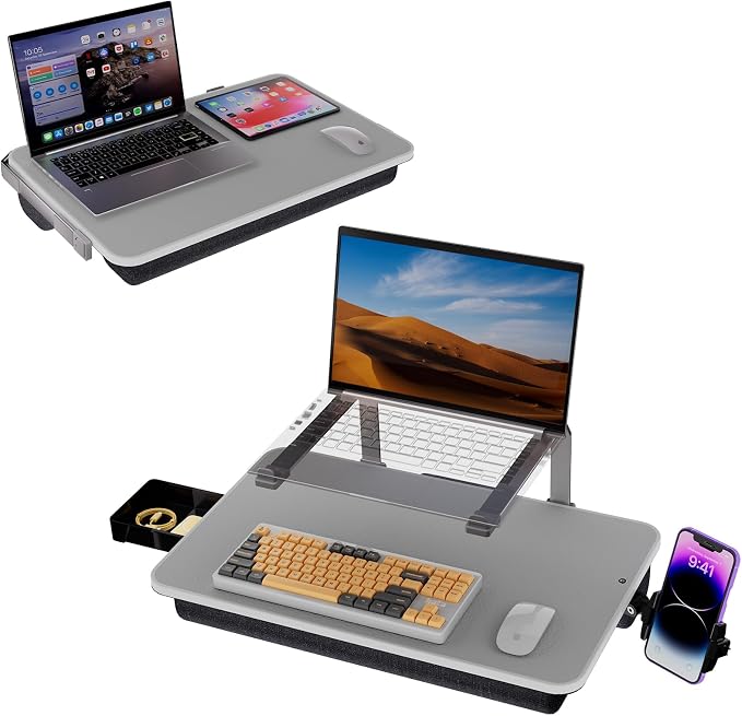 Large Adults Lap Desk for Laptop with Phone Holder & Storage Drawer | Laptop Stand for Bed Fits up to 17" Laptops & MacBook, Pillow Lap Desks for Adults with Cushion for Bed & Couch, Grey by V-HoldStandforLaptopandTablet
