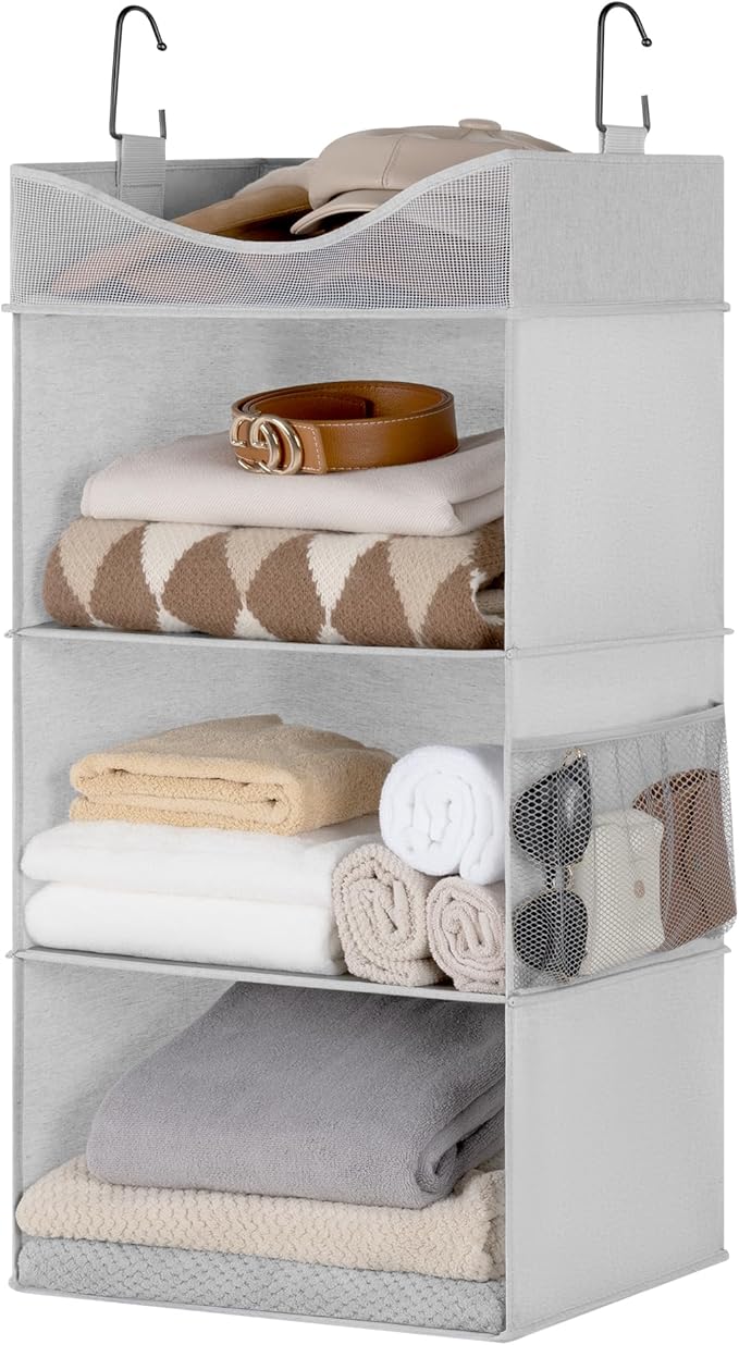 StorageWorks 3-Shelf Hanging Closet Organizer with Half Compartment, Ivory | Add More Storage to Small Closets, a Side Pocket and Half Compartment, Ideal for Bedrooms, Dorms and RVs,Light Grey by StorageWorks