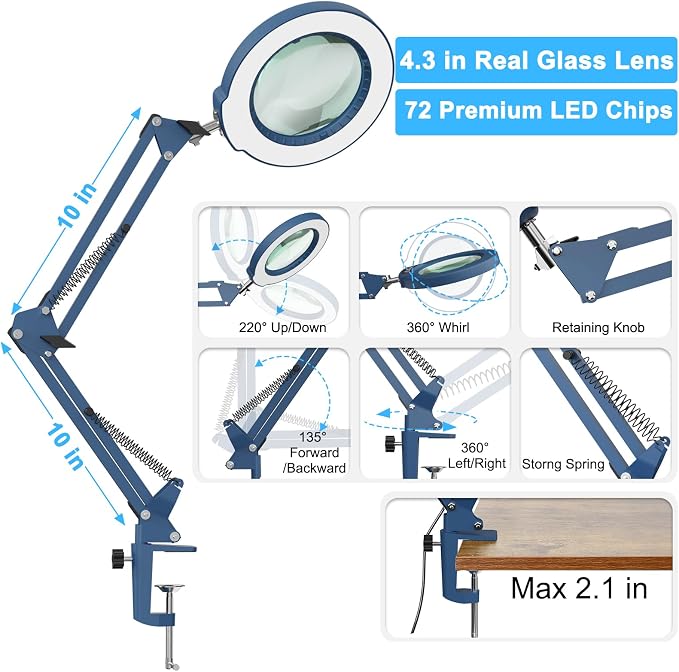 10X Magnifying Glass with Light and Clamp, Real Glass Stand Lighted Magnifier, 5 Color Modes Stepless Dimmable LED Desk Lamp Hands Free for Crafts Hobby Reading Painting Sewing Close Work - Blue - Image 5
