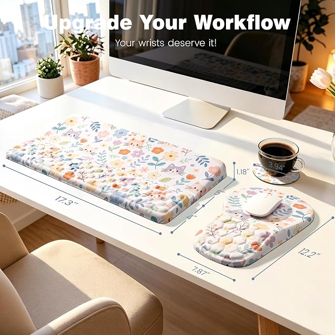Ospelelf Keyboard Wrist Rest and Mouse Pad Set, Ergonomic Memory Foam Wrist Support, Aesthetic Desk Accessories for Office, Home & Gaming, Relief for Carpal Tunnel & Wrist Pain,Floral Cat - Image 7