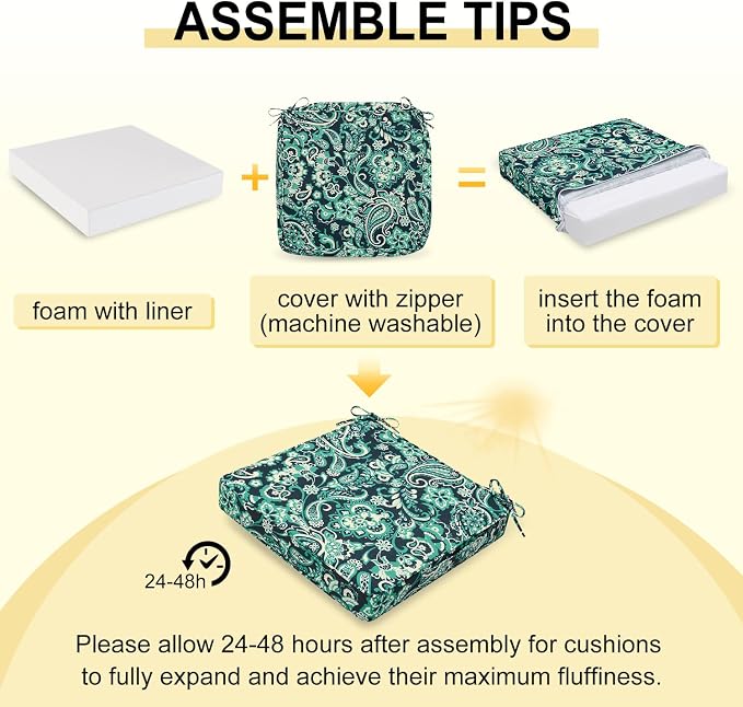 downluxe Outdoor Chair Cushions Set of 4, Waterproof 19" x 19" x 3" Patio Chair Cushion with Non-Slip Ties & Handle, Square Outdoor Cushion for Patio Furniture with Removable Cover, Green Paramecium - Image 6