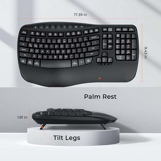 MEETION Wireless Ergonomic Keyboard with Wave Keys and Wrist Rest - Black | Firm wrist rest, 2.4G USB-A receiver, USB-C adapter included, full-size layout, compatible with Windows, Mac, PC, laptop - Image 5
