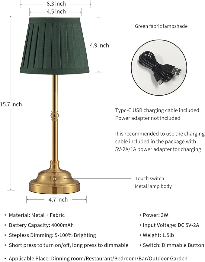 KDG Gold Cordless LED Table Lamps Set of 2, Green Fabric Shade Desk Lamps | Portable 4000mAh Rechargeable Battery Powered, Dimmable Lighting for Dining Room, Bedroom, Bedside, Night Light, Balcony - Image 5