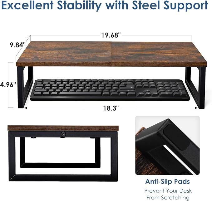 20 Inch Monitor Riser | Wood & Metal Computer Monitor Stand Riser for Desk, Rustic Brown - Image 3