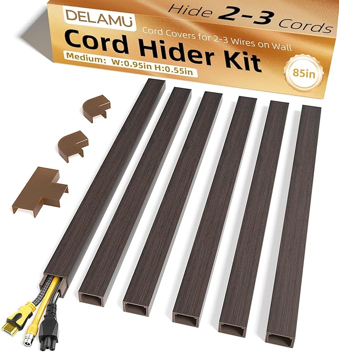 Delamu Cord Hider, 85in Cord Covers for 2-3 Wires on Wall, Self-Adhesive Cable Hider, PVC Wire Hiders Wire Covers for TV Cords on Wall, Easy Mount Cable Cover Raceway Kit, W0.95 H0.55in, Darkwood by DELAMU
